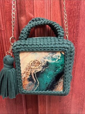 Handcrafted Teal Crochet Mini Bag with Ocean Print Panel